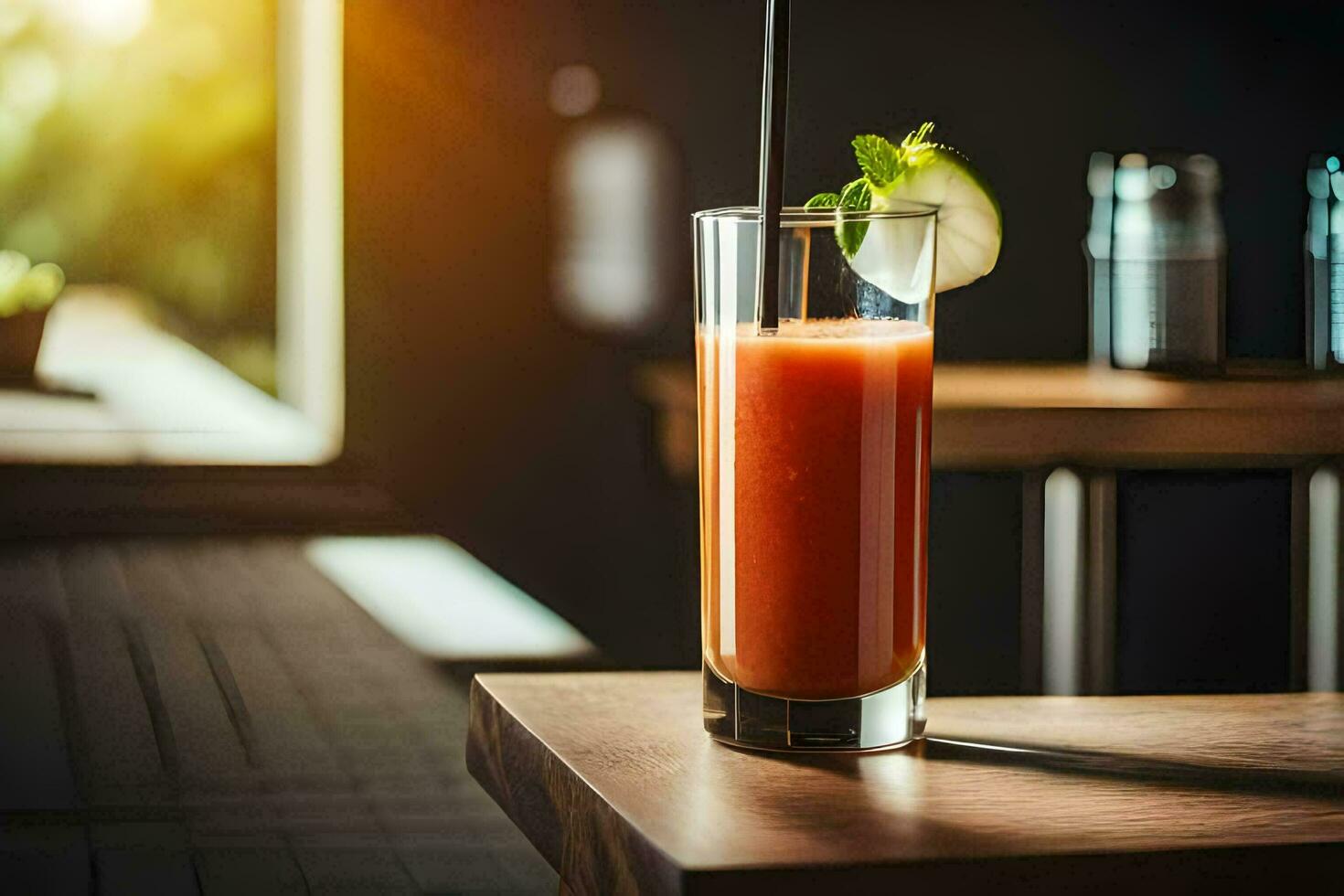 une verre de rouge jus avec une paille. généré par ai photo