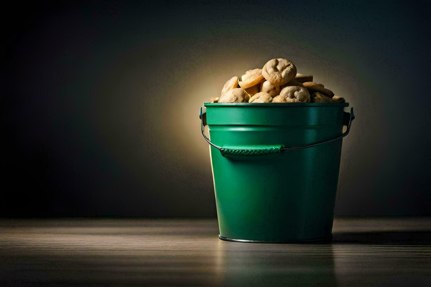 une vert seau rempli avec biscuits sur une tableau. généré par ai photo