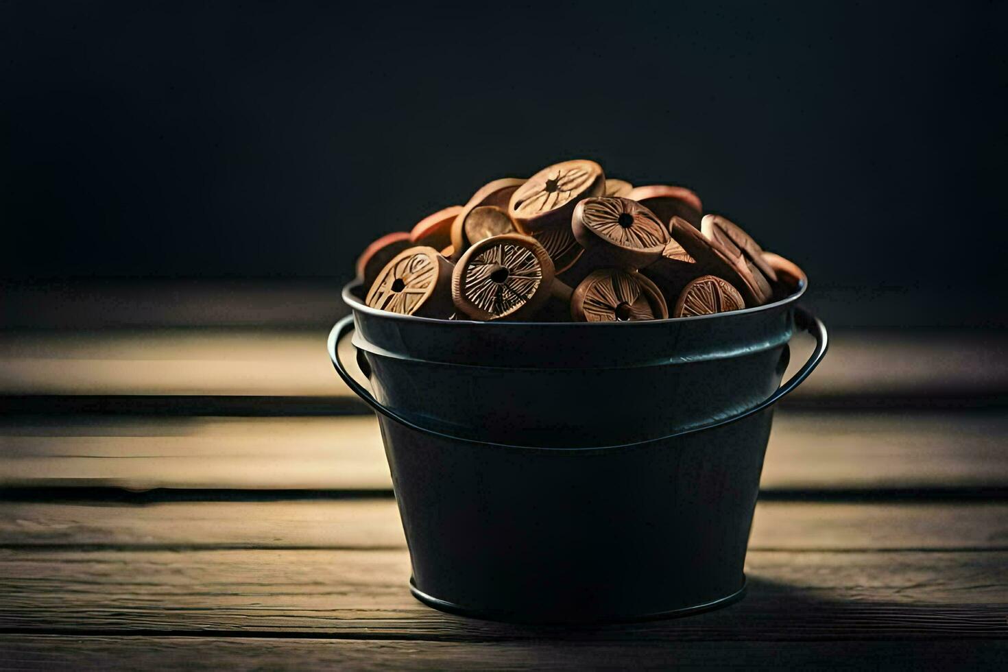 une seau rempli avec petit pièces de cannelle. généré par ai photo