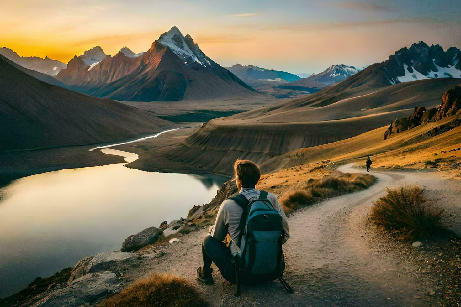 une homme avec une sac à dos séance sur le côté de une Montagne surplombant une lac. généré par ai photo
