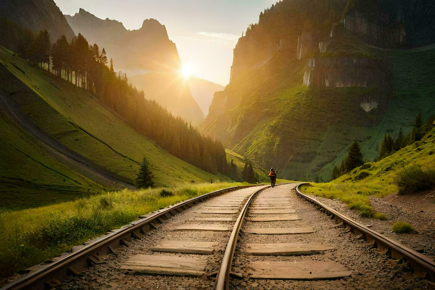 une homme en marchant le long de une chemin de fer Piste dans le montagnes. généré par ai photo