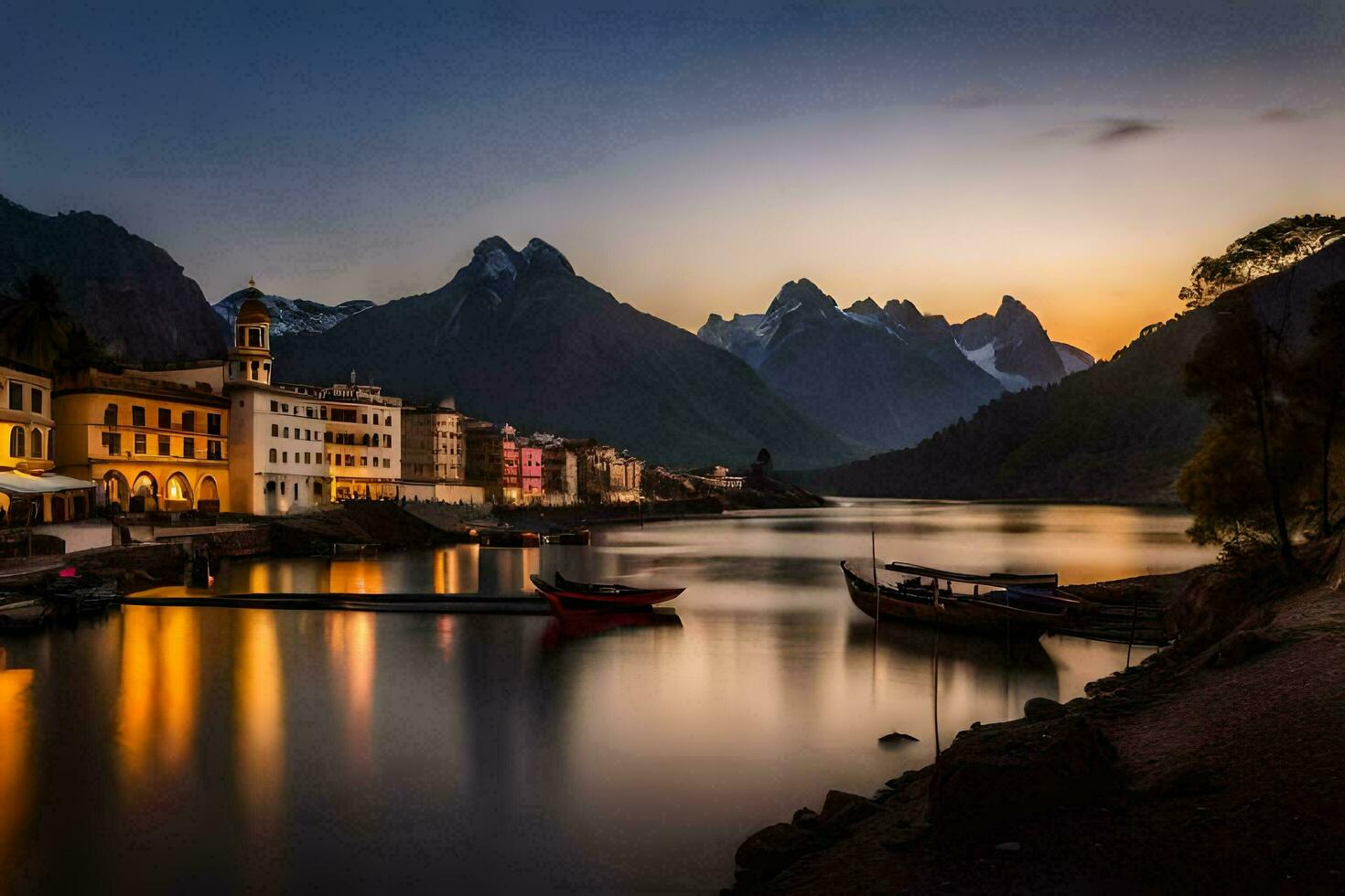 photo fond d'écran le ciel, montagnes, lac, bateaux, coucher de soleil, le ville, le montagnes,. généré par ai