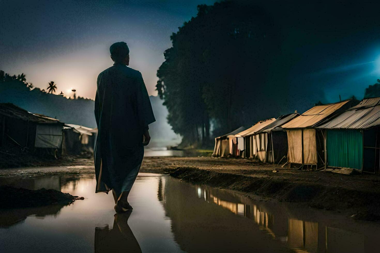 une homme des promenades par une flaque dans de face de une village à nuit. généré par ai photo