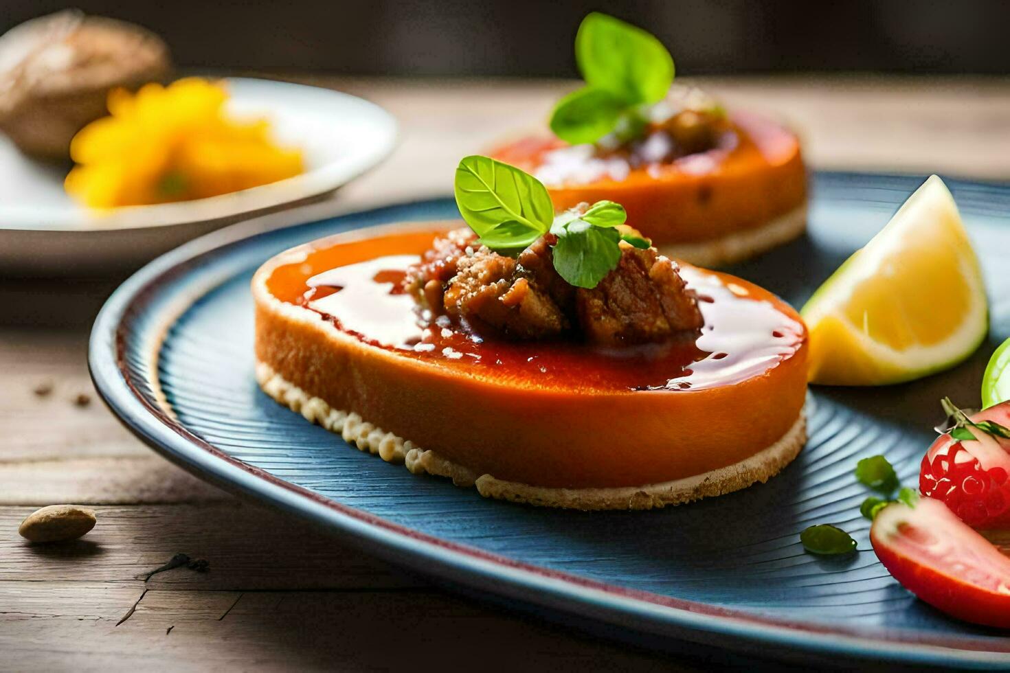 deux petit desserts sur une bleu plaque. généré par ai photo