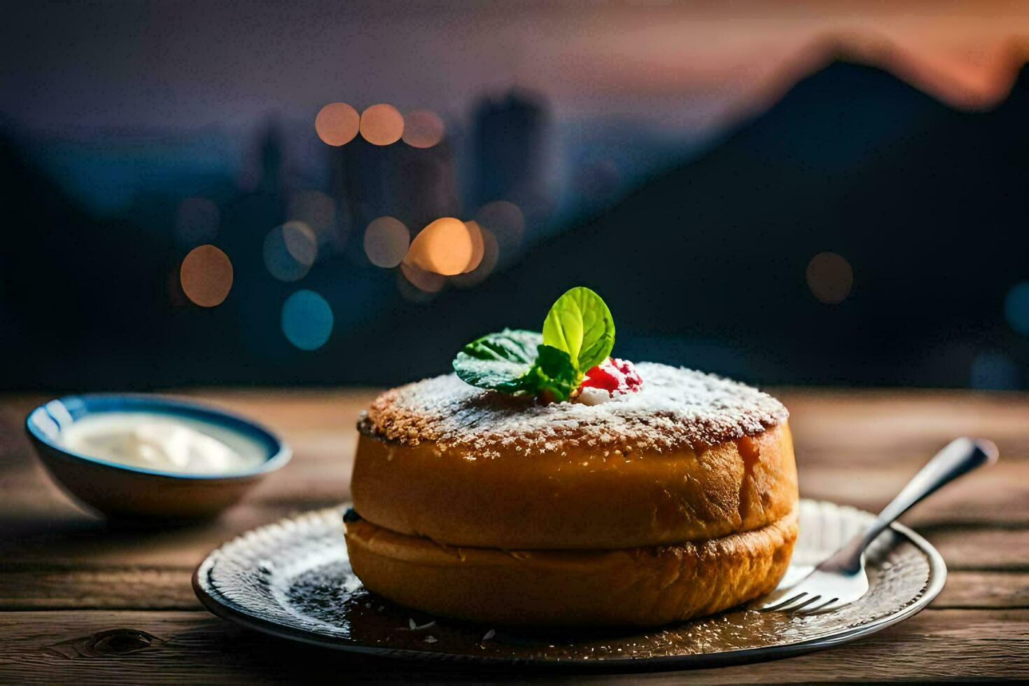 une dessert sur une assiette avec une vue de le ville. généré par ai photo