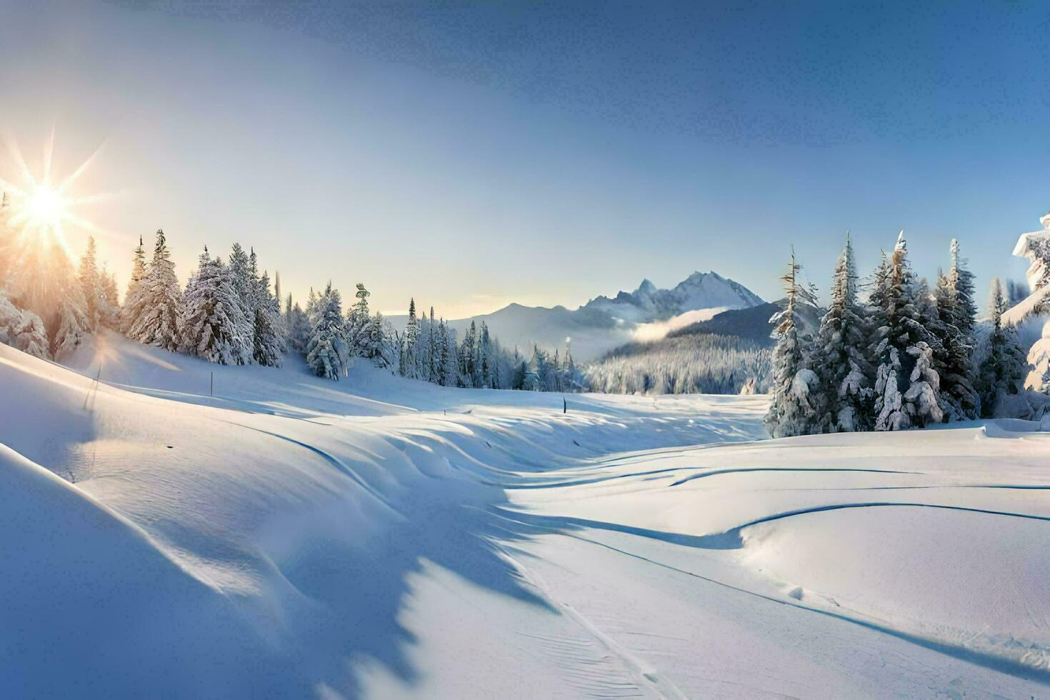 neige couvert des arbres et montagnes dans le l'hiver. généré par ai photo