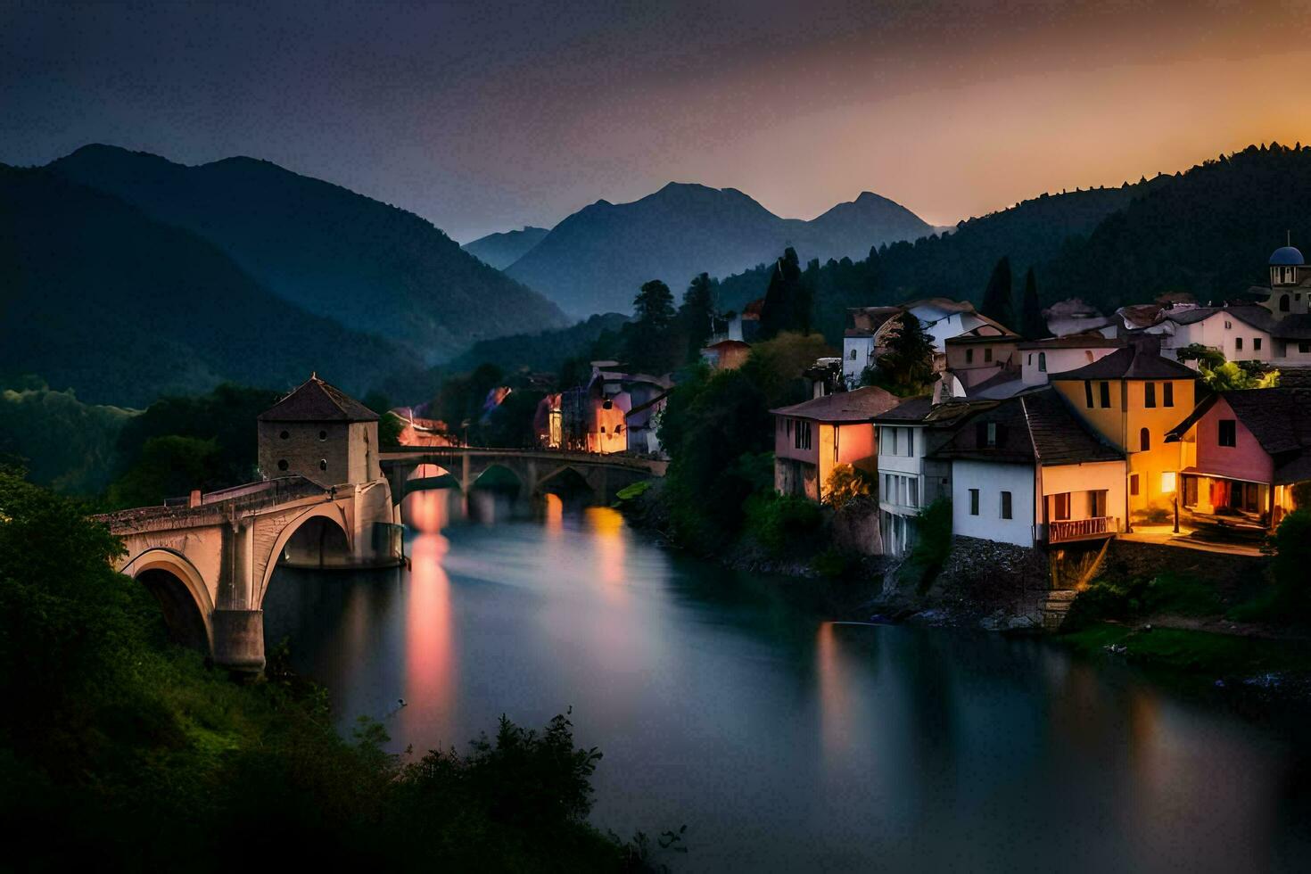 photo fond d'écran le ciel, montagnes, rivière, pont, ville, loger, rivière, pont,. généré par ai