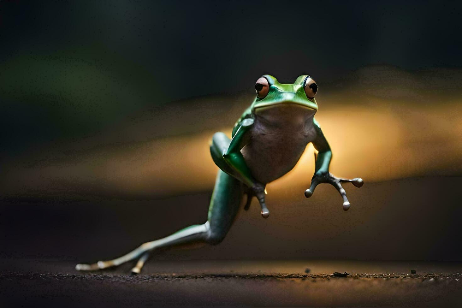 une grenouille sauter sur le sol avec ses jambes diffuser. généré par ai photo