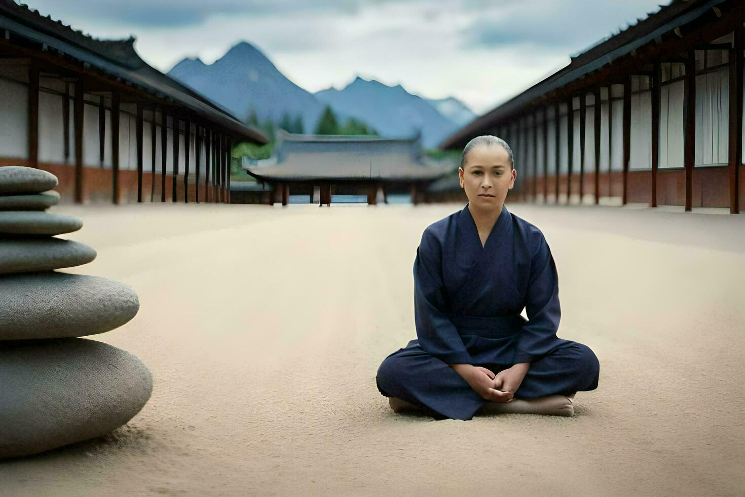 une femme dans une kimono séance sur le sol. généré par ai photo