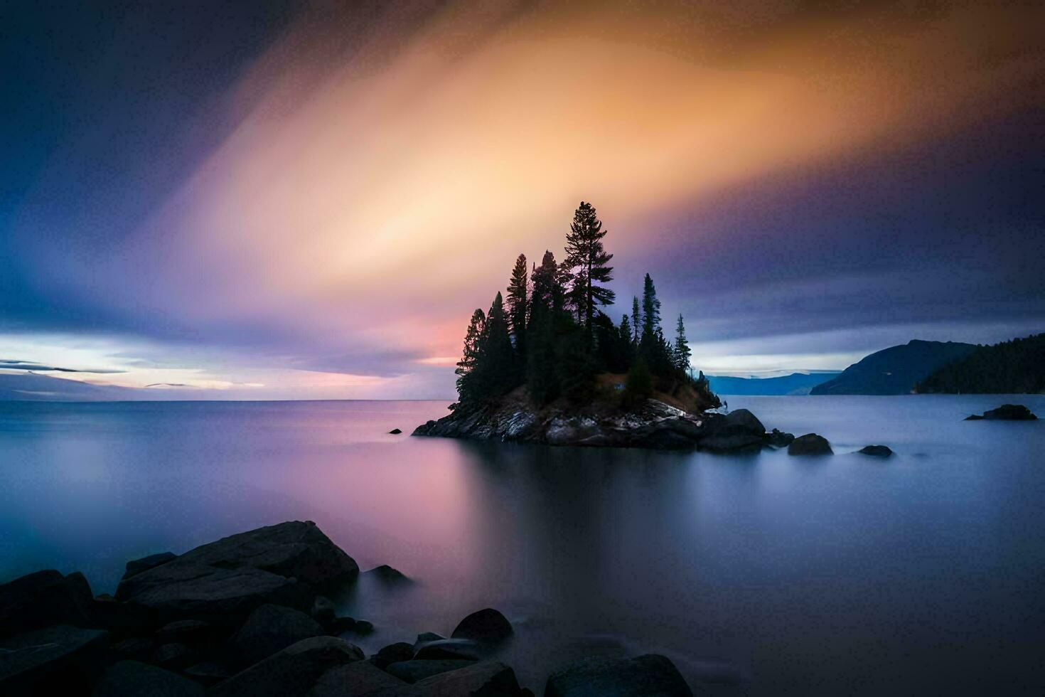 une seul arbre des stands sur le rive de une Lac à le coucher du soleil. généré par ai photo