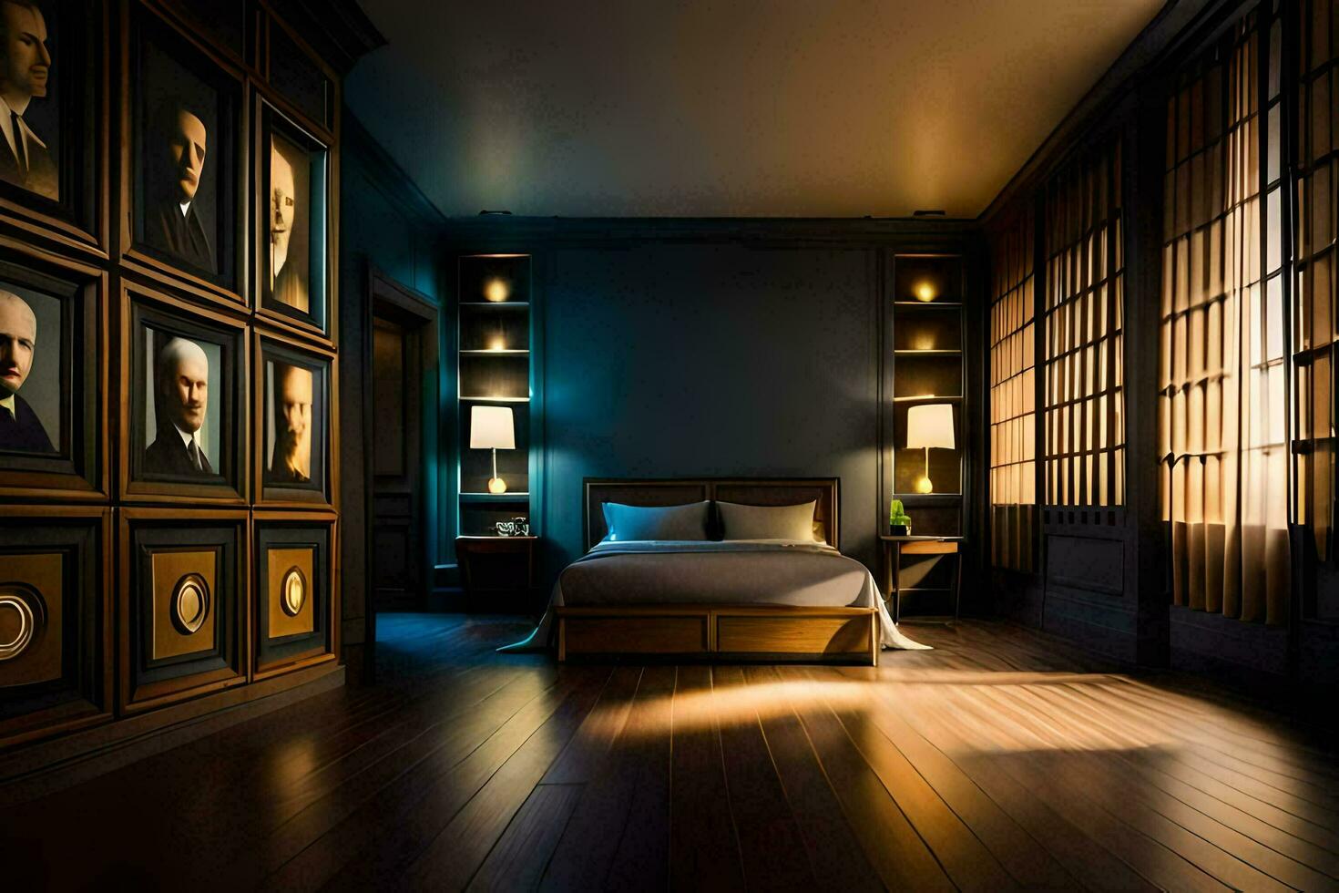 une chambre avec une lit et des photos sur le mur. généré par ai