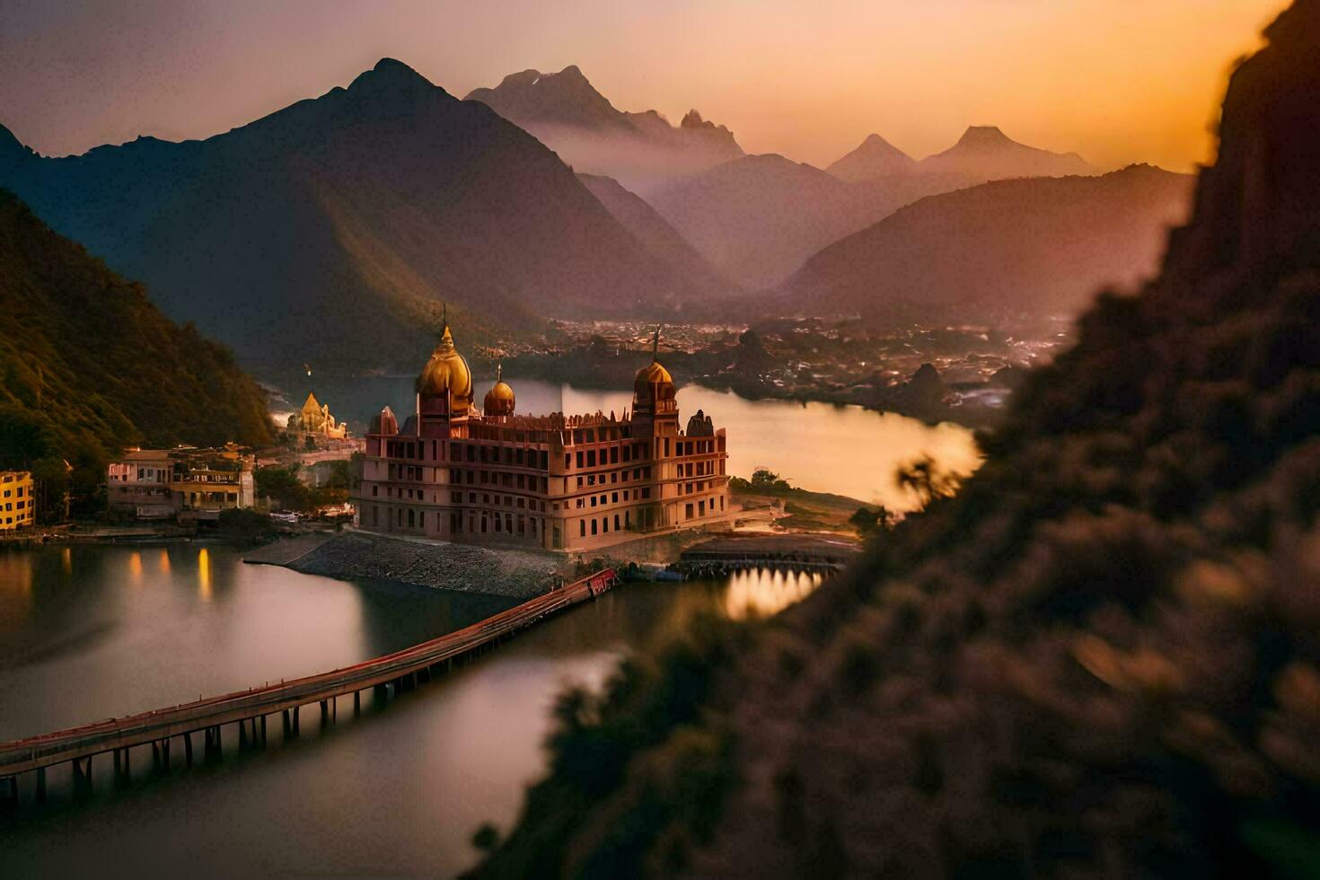 une magnifique vue de une église et montagnes. généré par ai photo