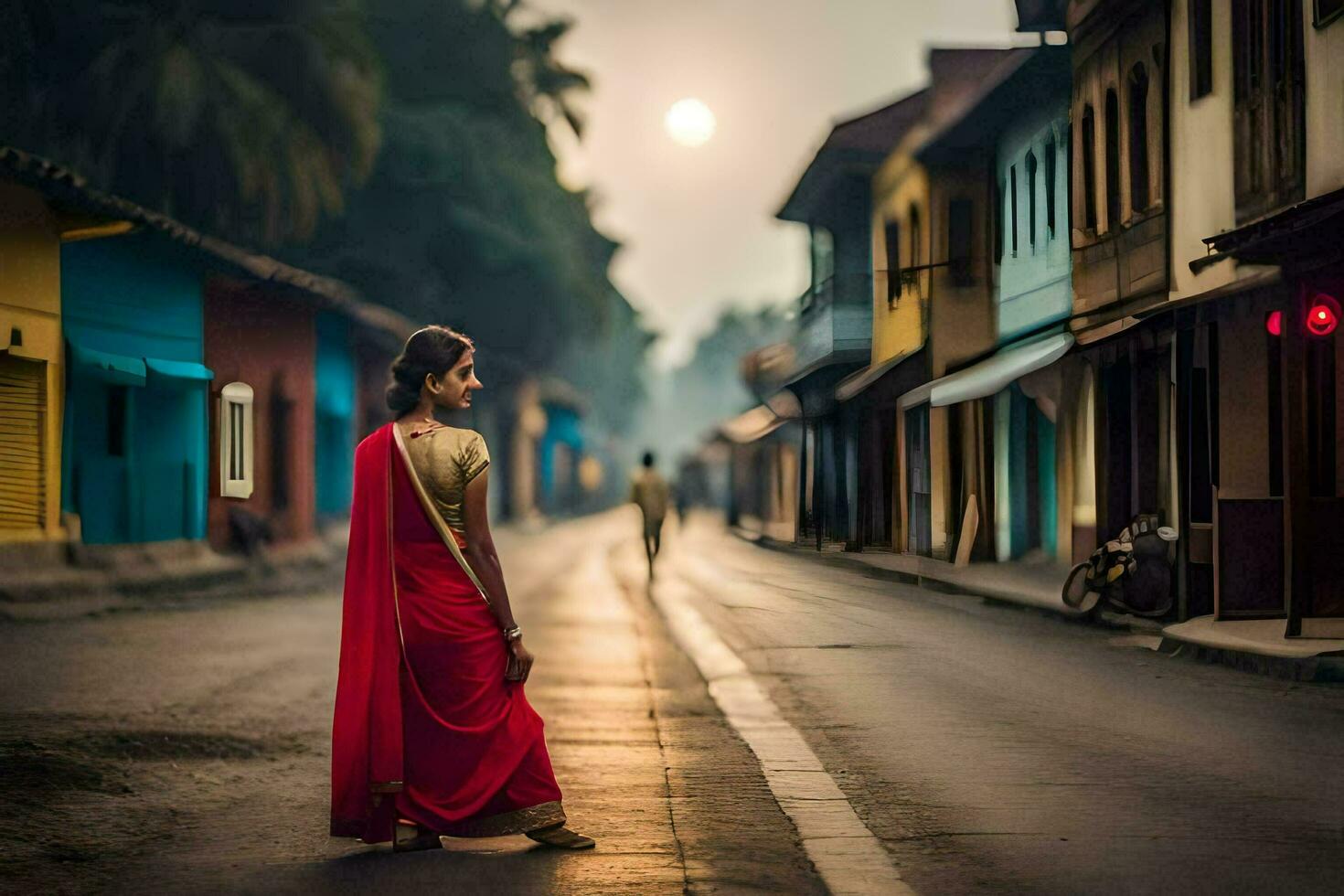une femme dans une rouge sari des promenades vers le bas une rue. généré par ai photo