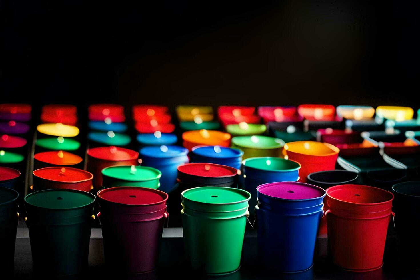 beaucoup coloré tasses sont doublé en haut dans une ligne. généré par ai photo