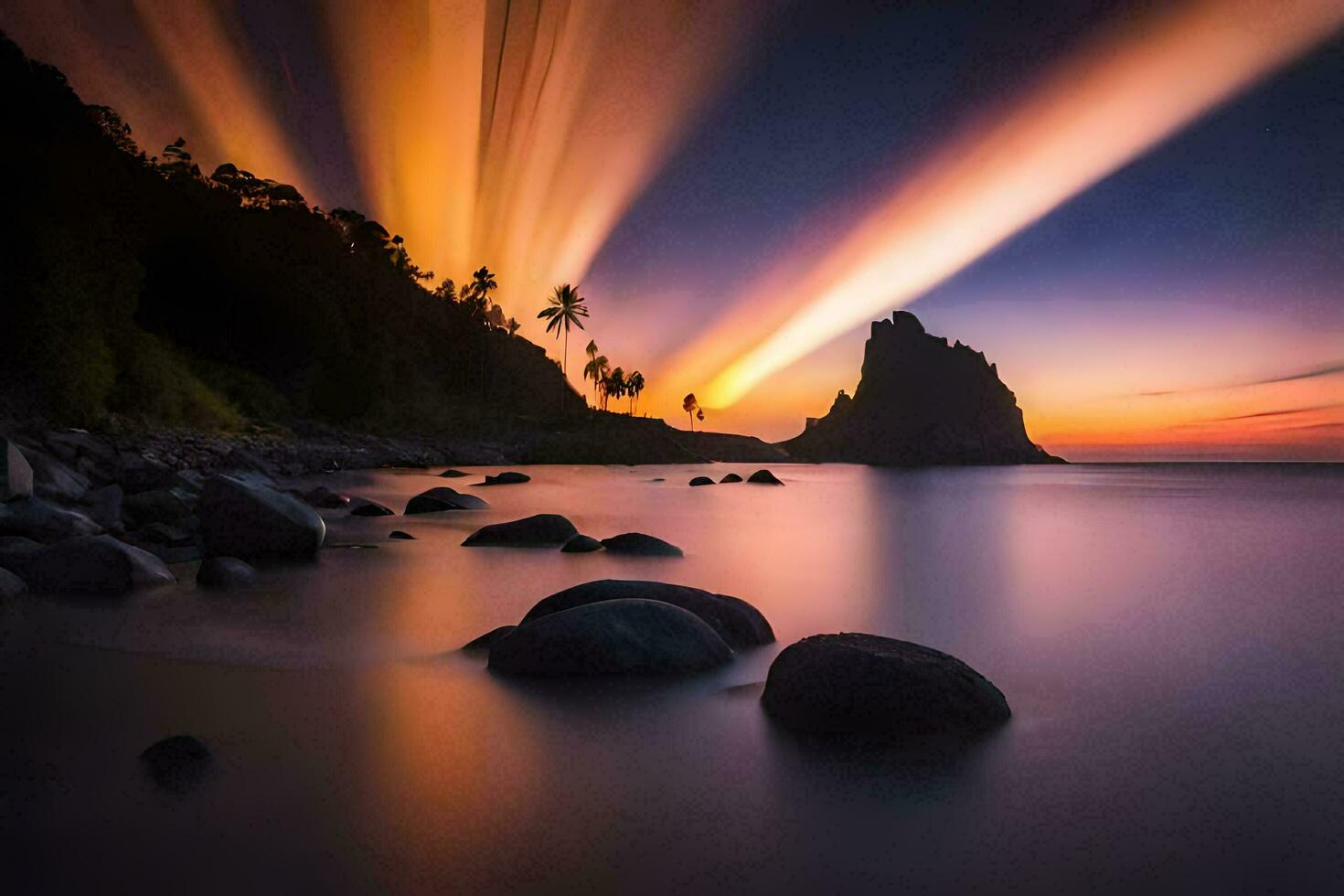 le Soleil est réglage plus de une rocheux plage avec rochers et paume des arbres. généré par ai photo