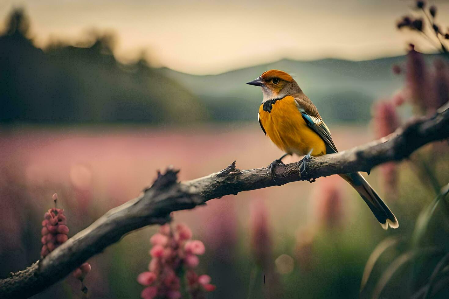 une Jaune oiseau est assis sur une branche dans une champ. généré par ai photo