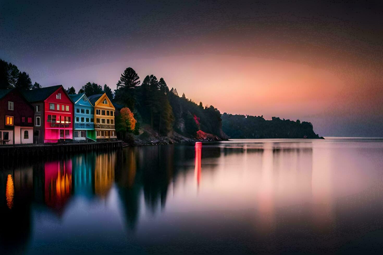 coloré Maisons sur le rive de une Lac à le coucher du soleil. généré par ai photo