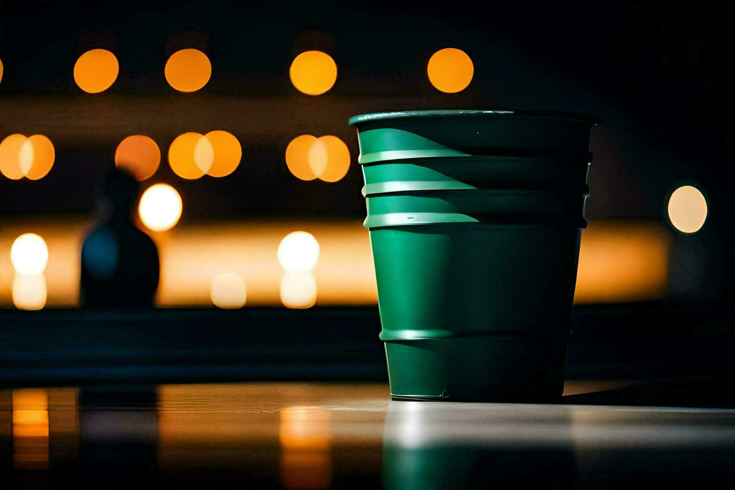 une vert tasse séance sur une table dans de face de une allumé la fenêtre. généré par ai photo