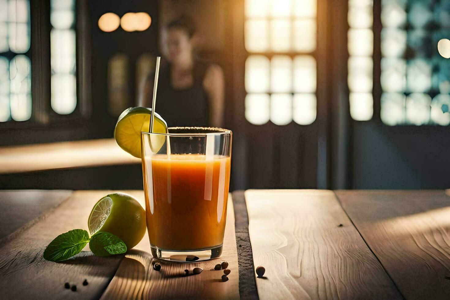 une verre de Orange jus sur une en bois tableau. généré par ai photo