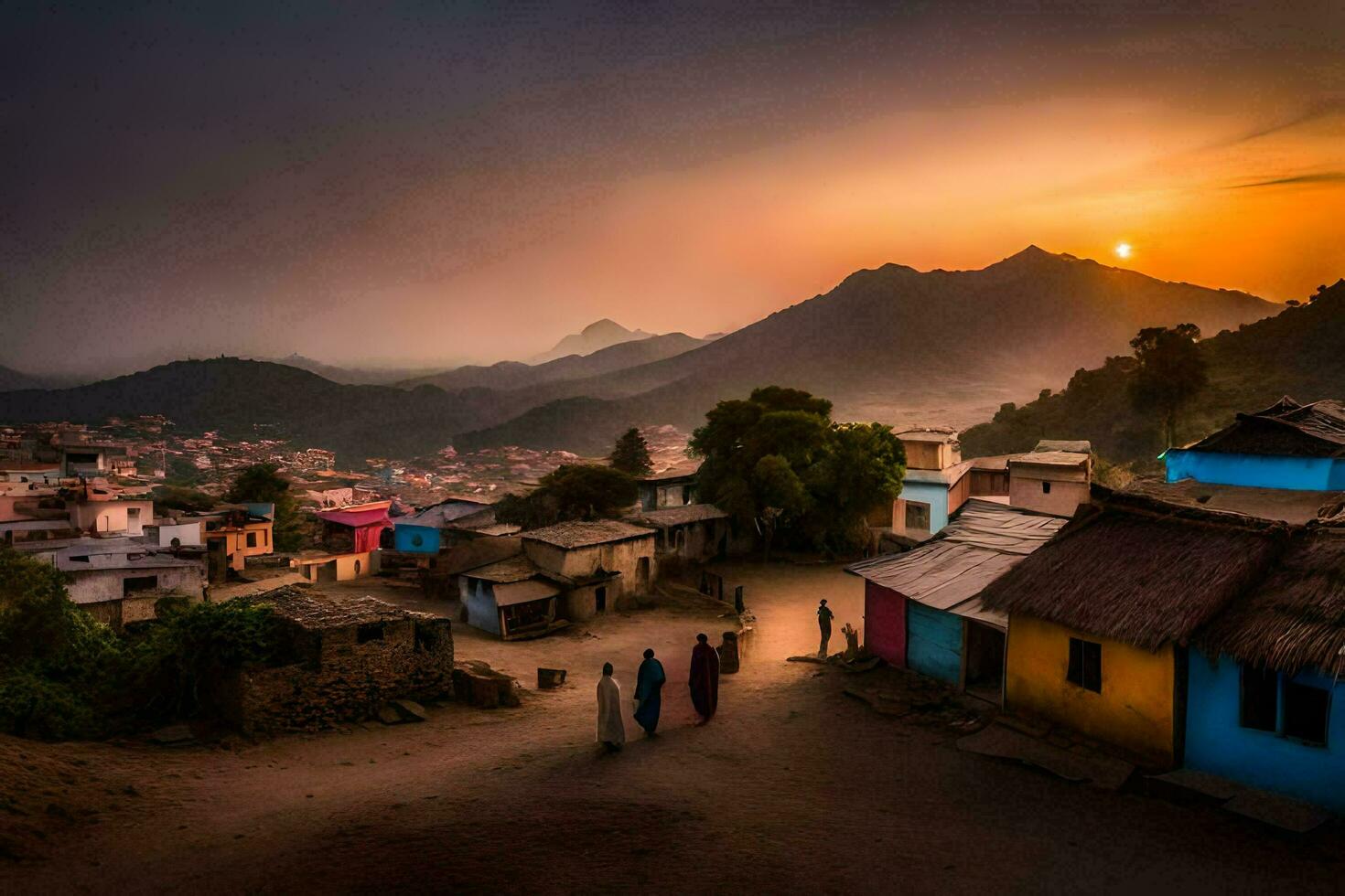 photo fond d'écran le ciel, montagnes, coucher de soleil, le village, personnes, le village, le village. généré par ai