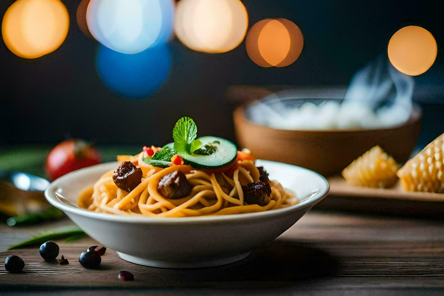 spaghetti avec Viande et des légumes dans une bol. généré par ai photo