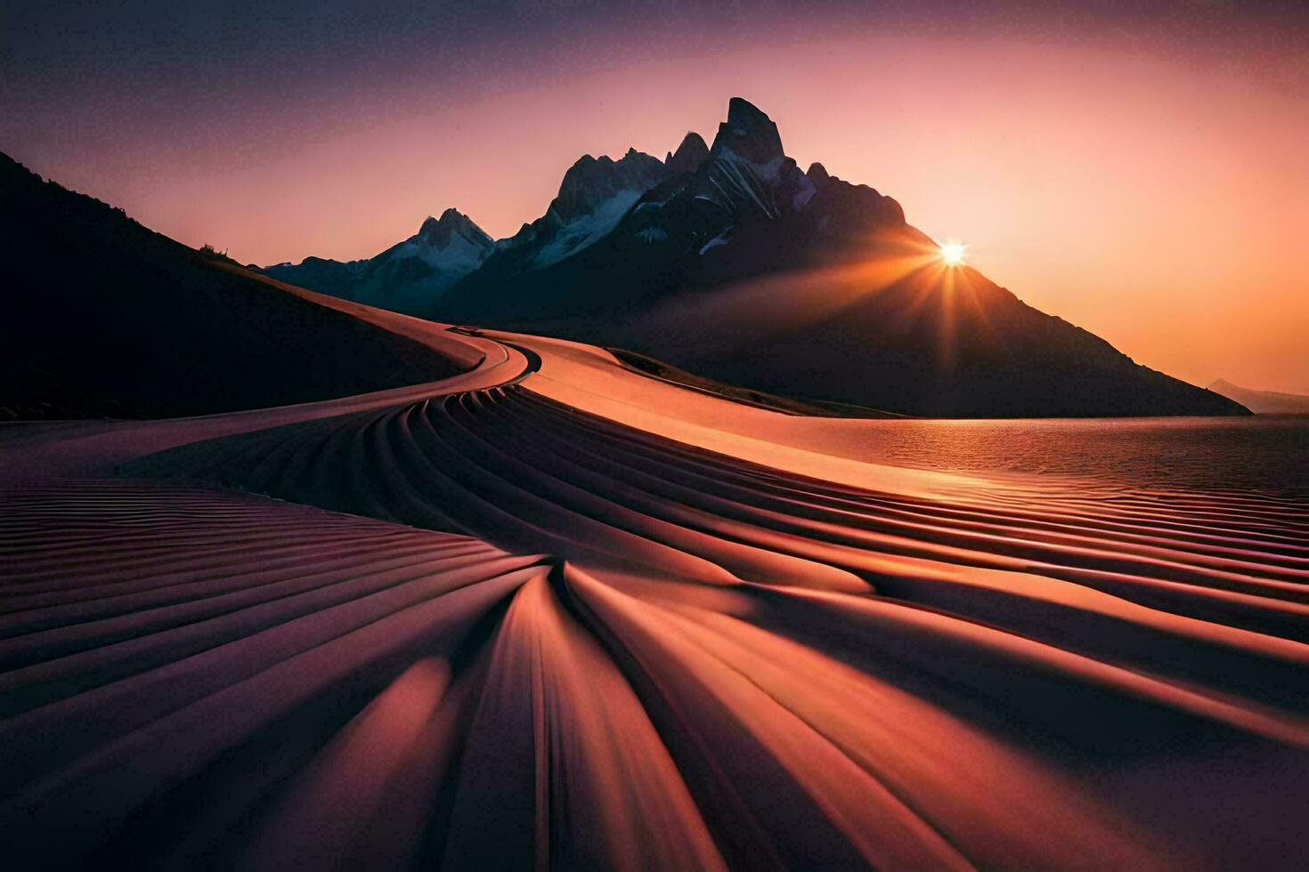 le Soleil est réglage plus de une Montagne gamme. généré par ai photo