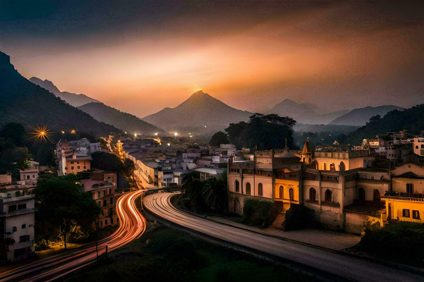 une ville à le coucher du soleil avec montagnes dans le Contexte. généré par ai photo