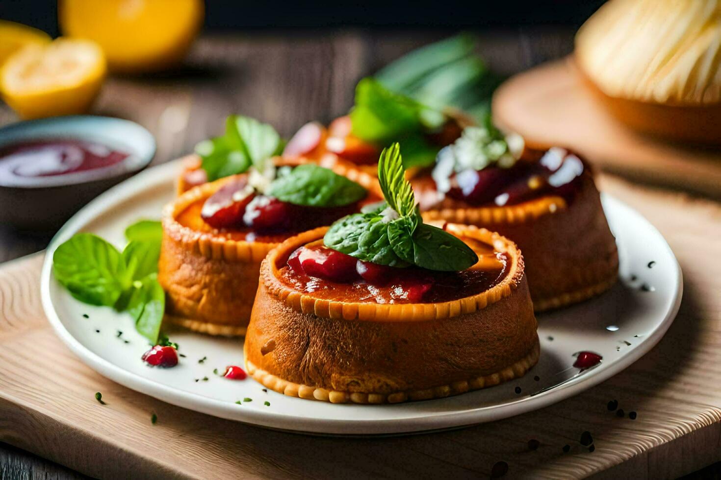 Trois mini tartes avec cerises et menthe feuilles. généré par ai photo