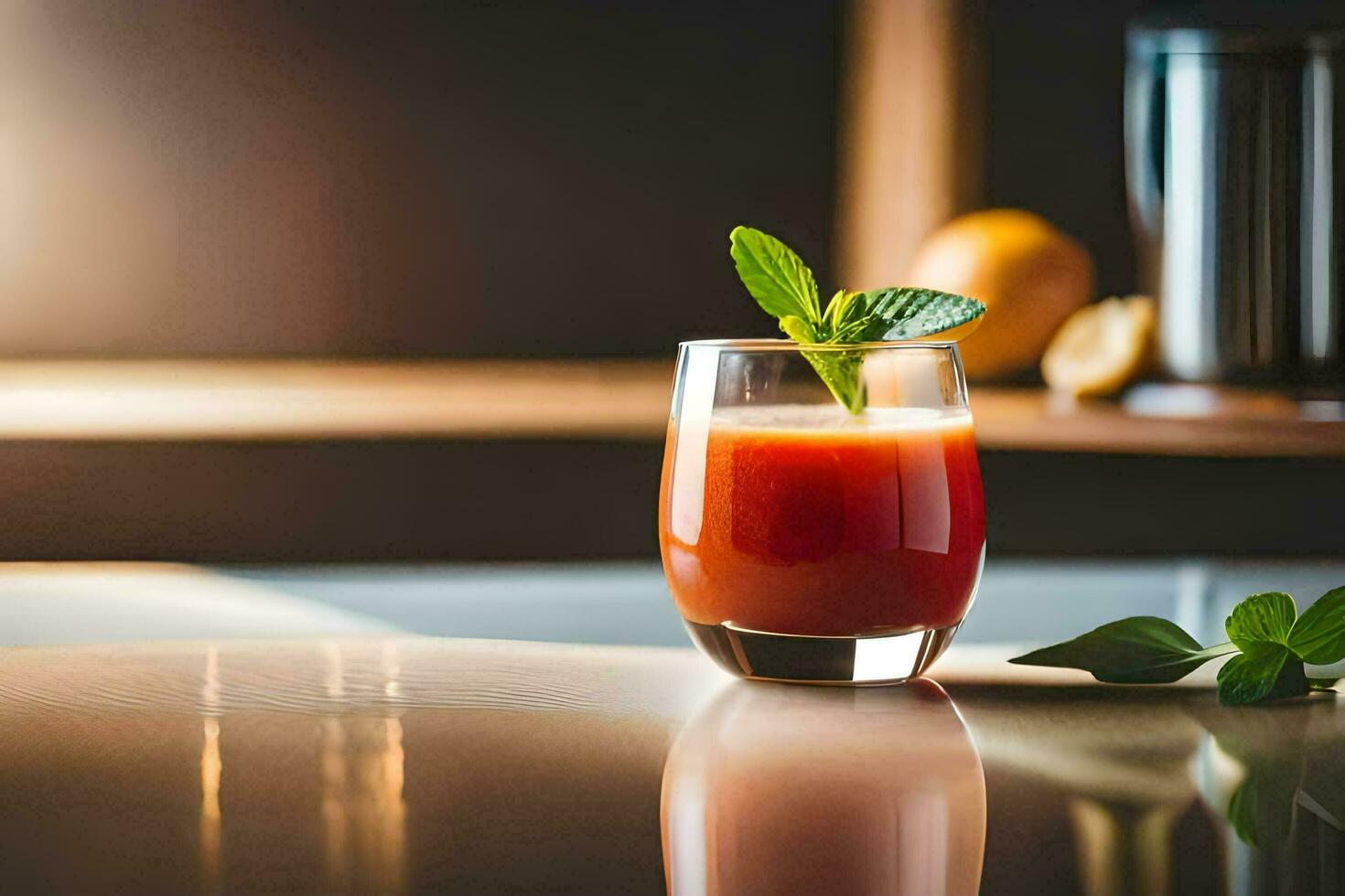 une verre de jus avec une feuille sur Haut. généré par ai photo