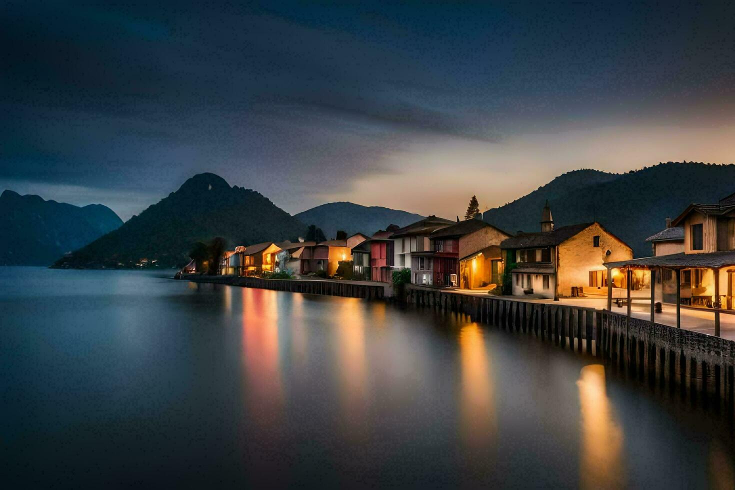 une longue exposition photographier de Maisons sur le rive de une lac. généré par ai photo