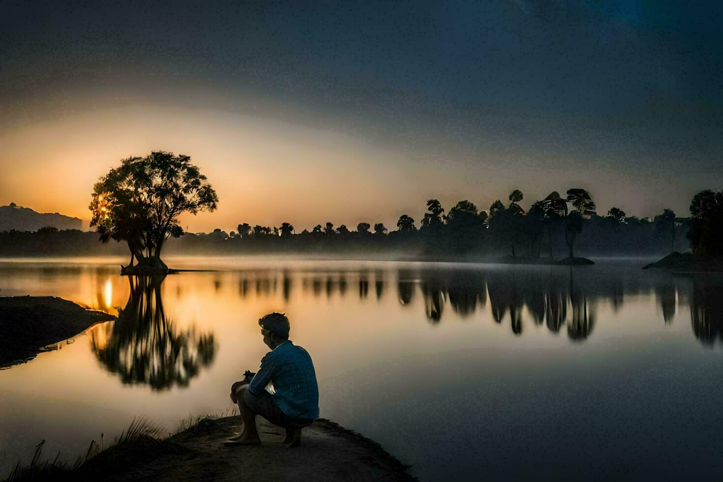 une homme séance sur le bord de une Lac à le coucher du soleil. généré par ai photo