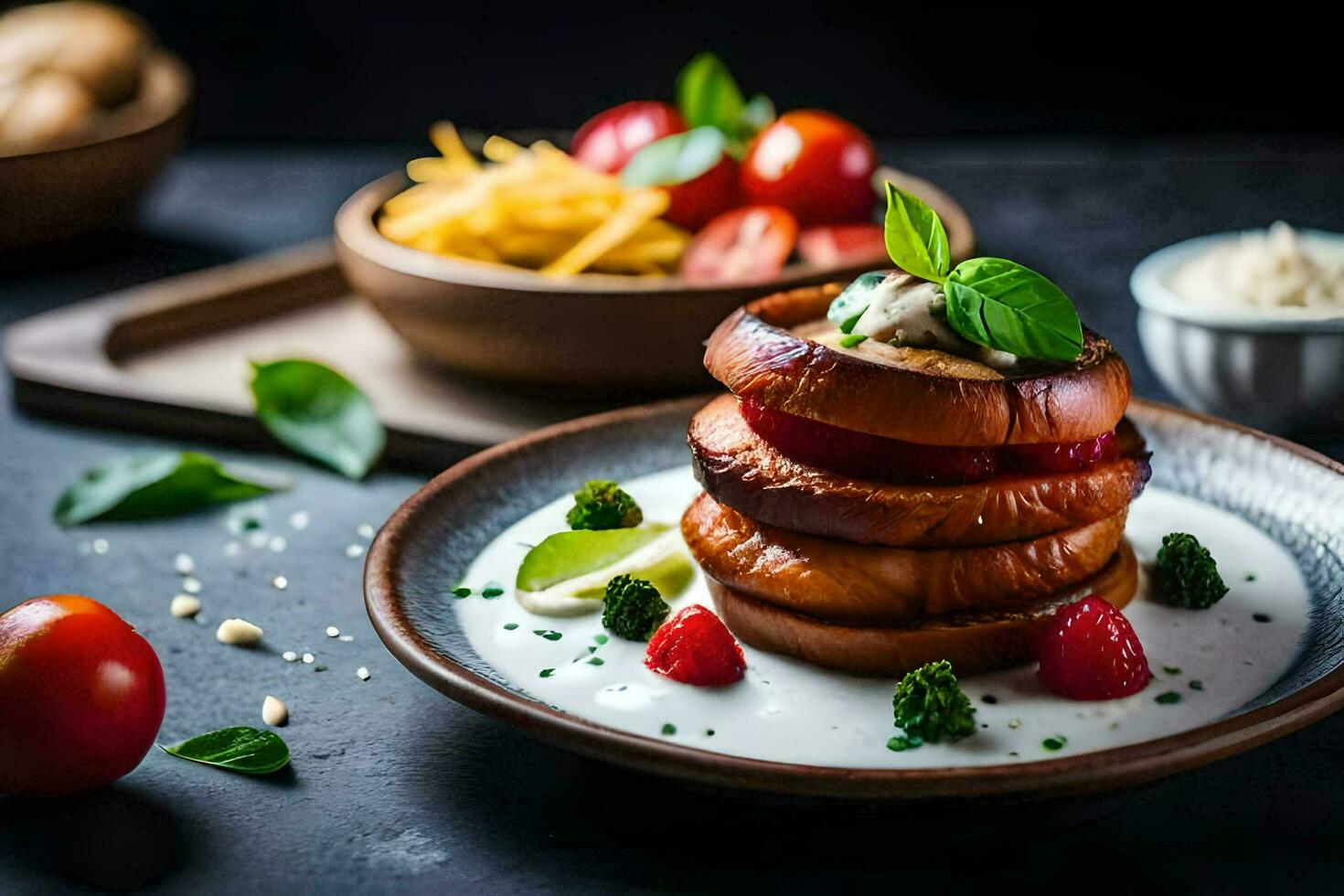 une assiette avec une empiler de nourriture sur il. généré par ai photo