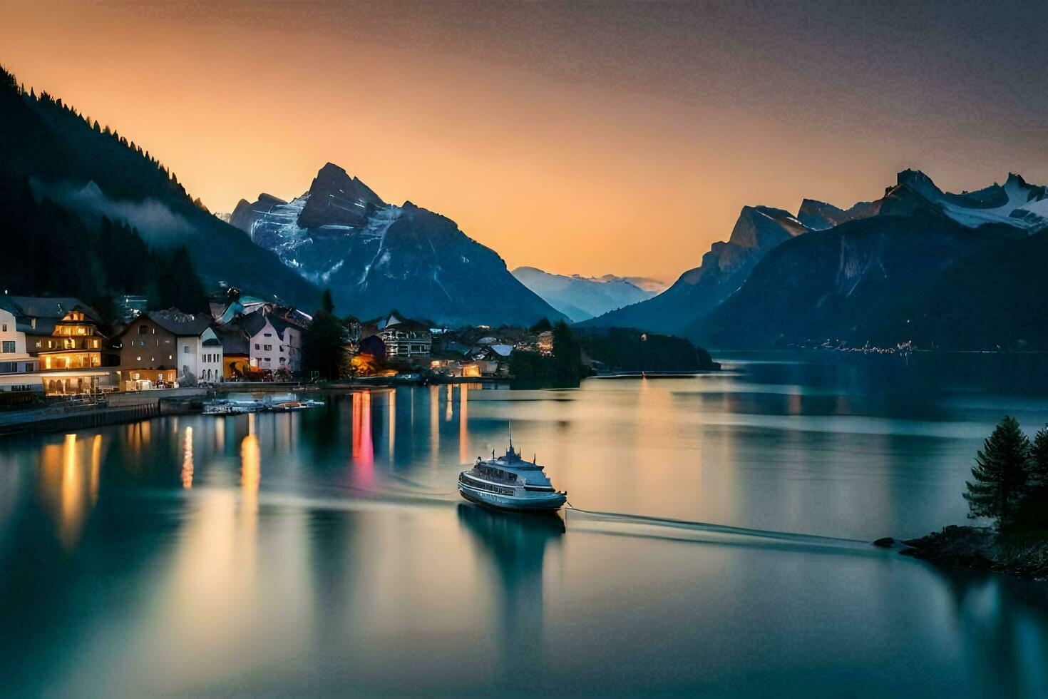 une bateau est voile le long de le l'eau dans de face de une Montagne gamme. généré par ai photo