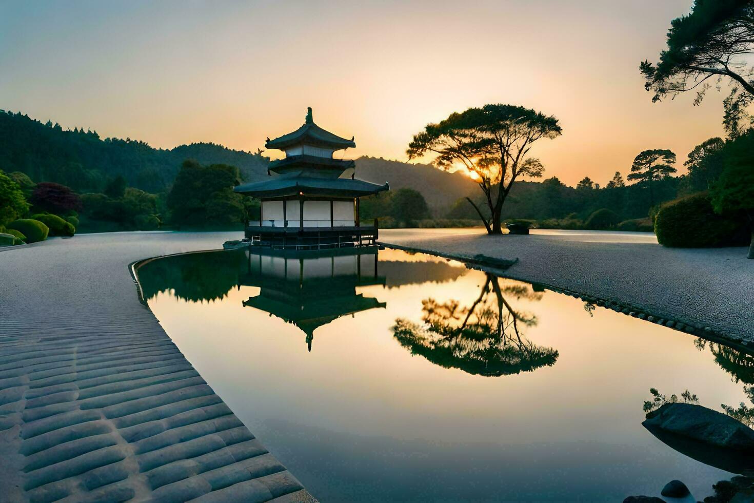 une Japonais jardin à le coucher du soleil. généré par ai photo