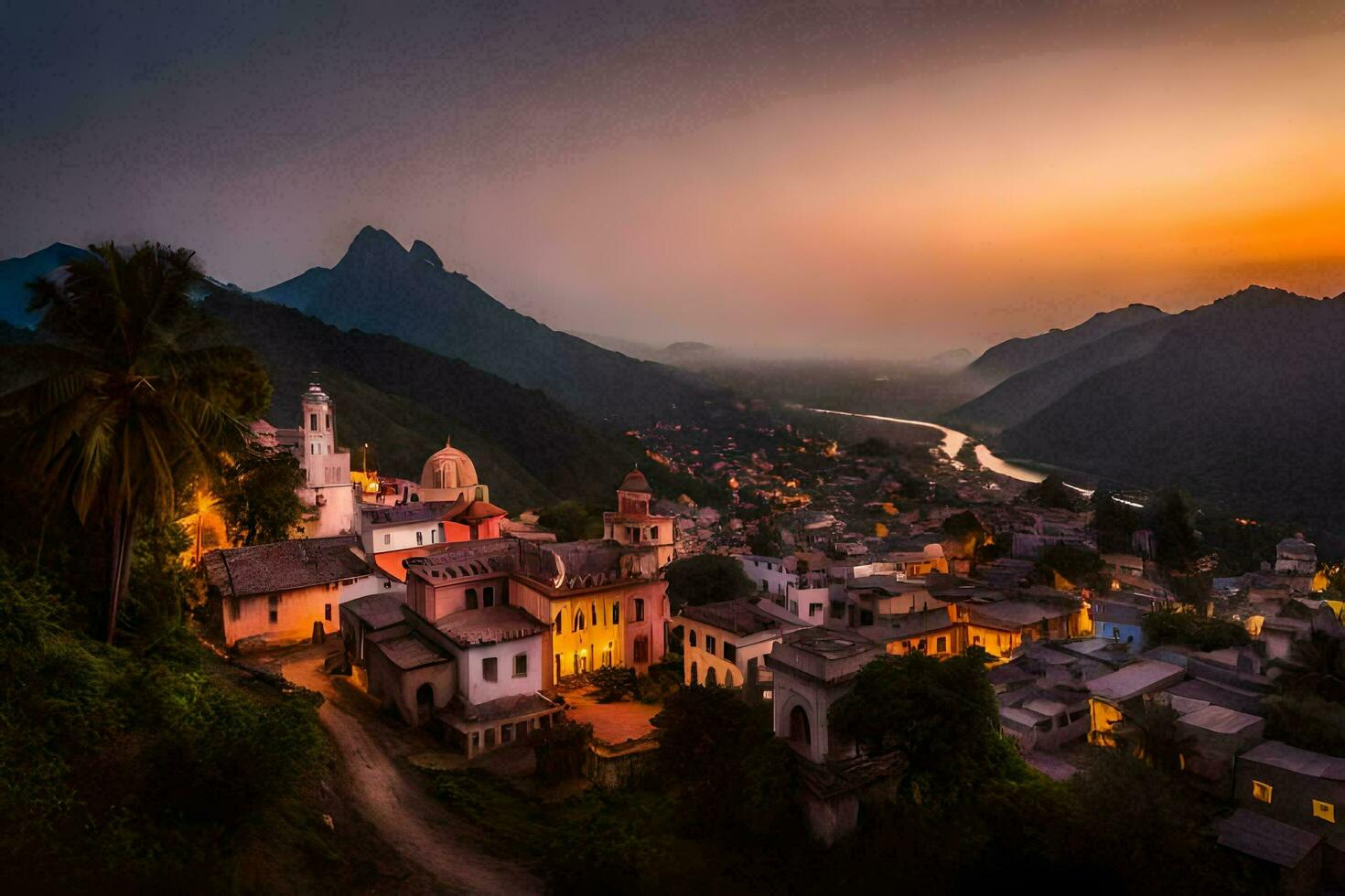 une ville dans le montagnes à le coucher du soleil. généré par ai photo