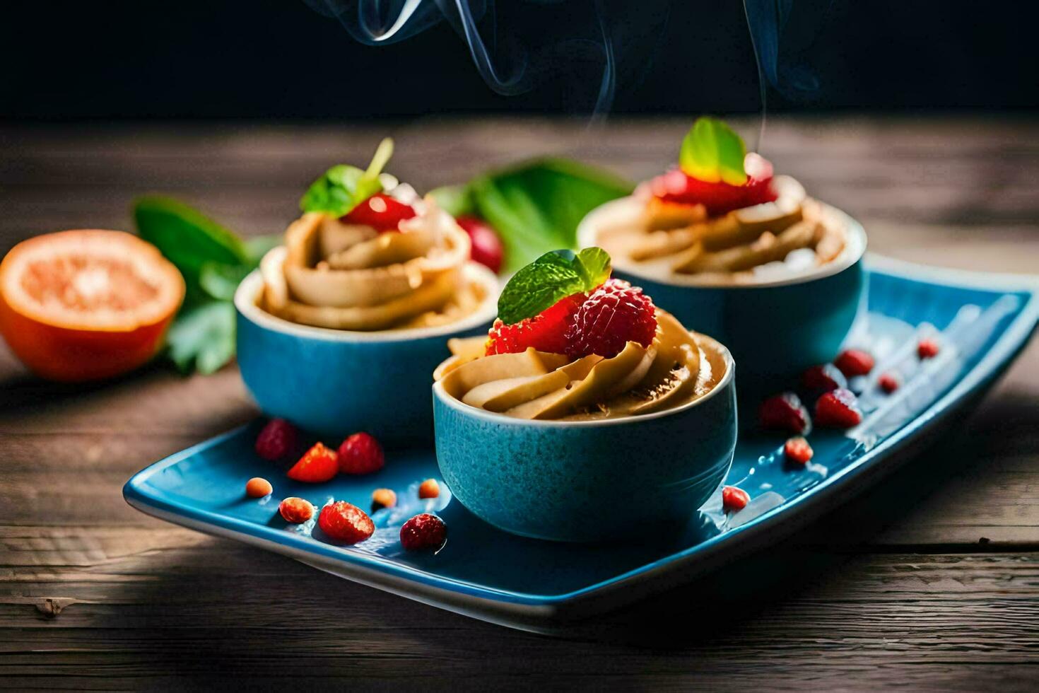 Trois desserts sur une bleu assiette avec fumée. généré par ai photo