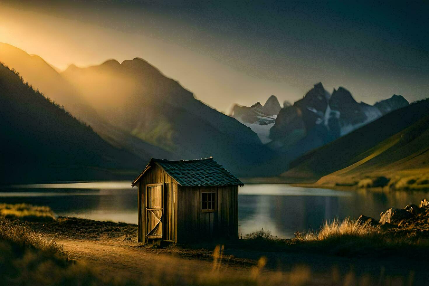 le Soleil brille sur une petit en bois cabane dans le milieu de une lac. généré par ai photo