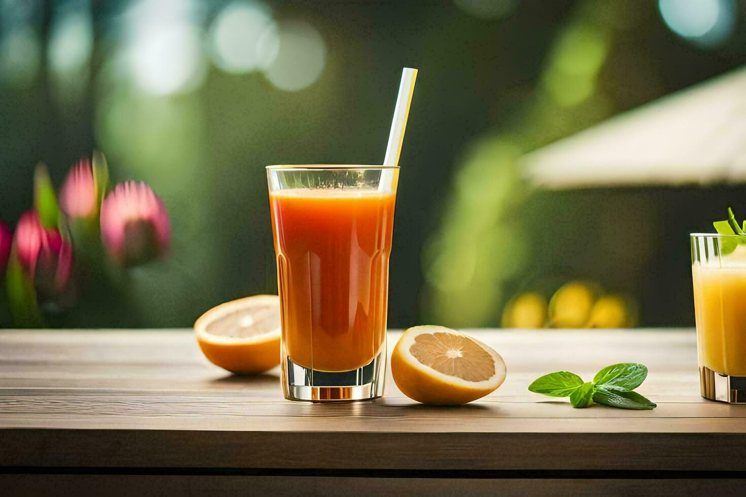 deux des lunettes de Orange jus sur une tableau. généré par ai photo