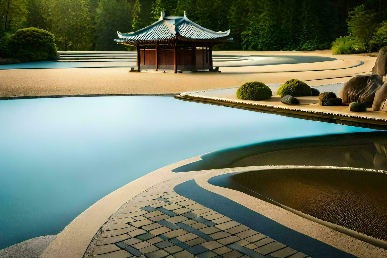 une pagode est assis dans le milieu de une étang. généré par ai photo