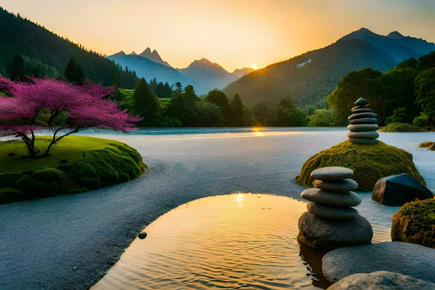 le Japonais jardin dans le montagnes. généré par ai photo