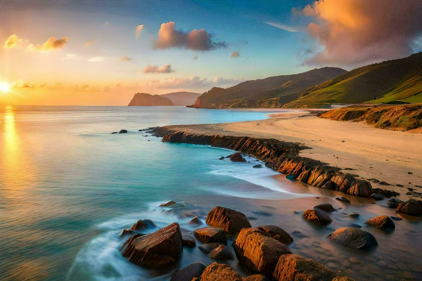 le Soleil ensembles plus de le océan et le plage dans cette magnifique photo. généré par ai photo