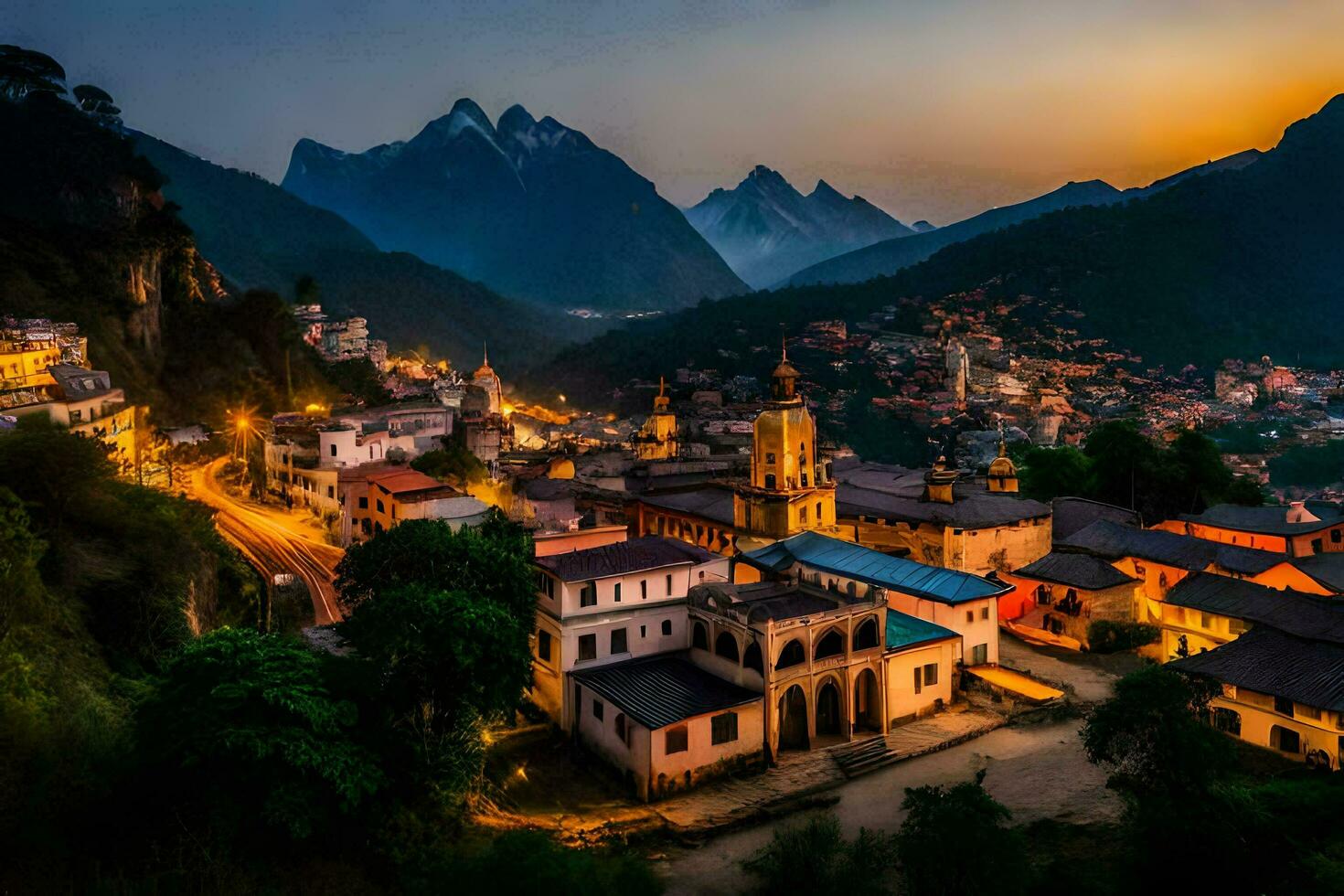 photo fond d'écran le ciel, montagnes, nuit, le village, le ville, le montagnes, le. généré par ai