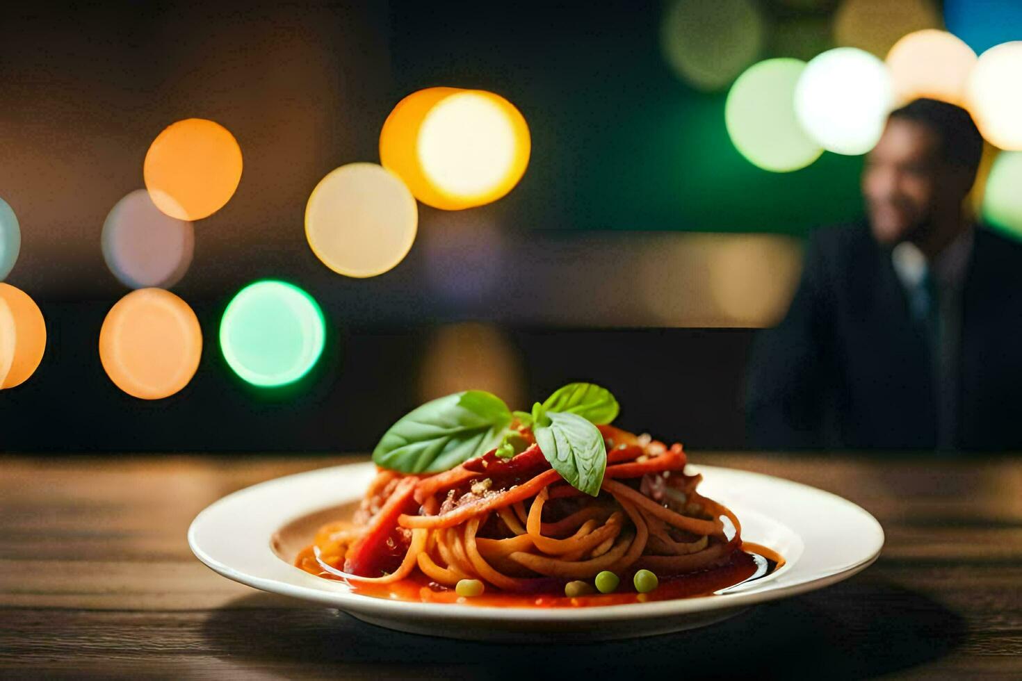 une homme dans une costume est séance à une table avec une assiette de spaghetti. généré par ai photo