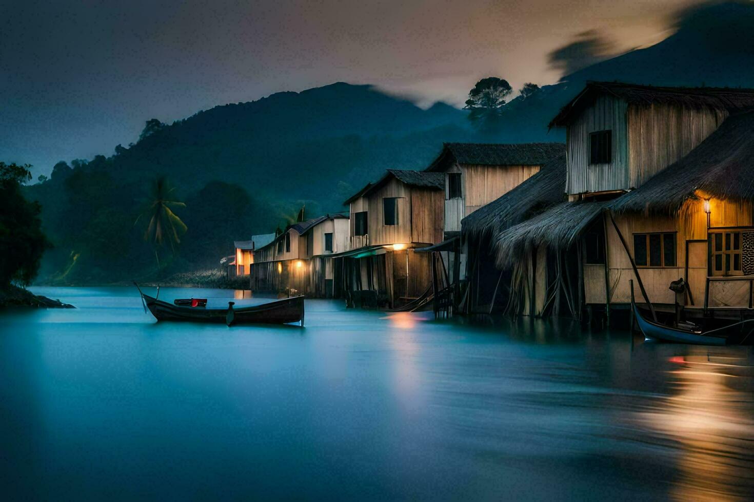 une bateau est dans le l'eau à nuit avec Maisons sur le rive. généré par ai photo