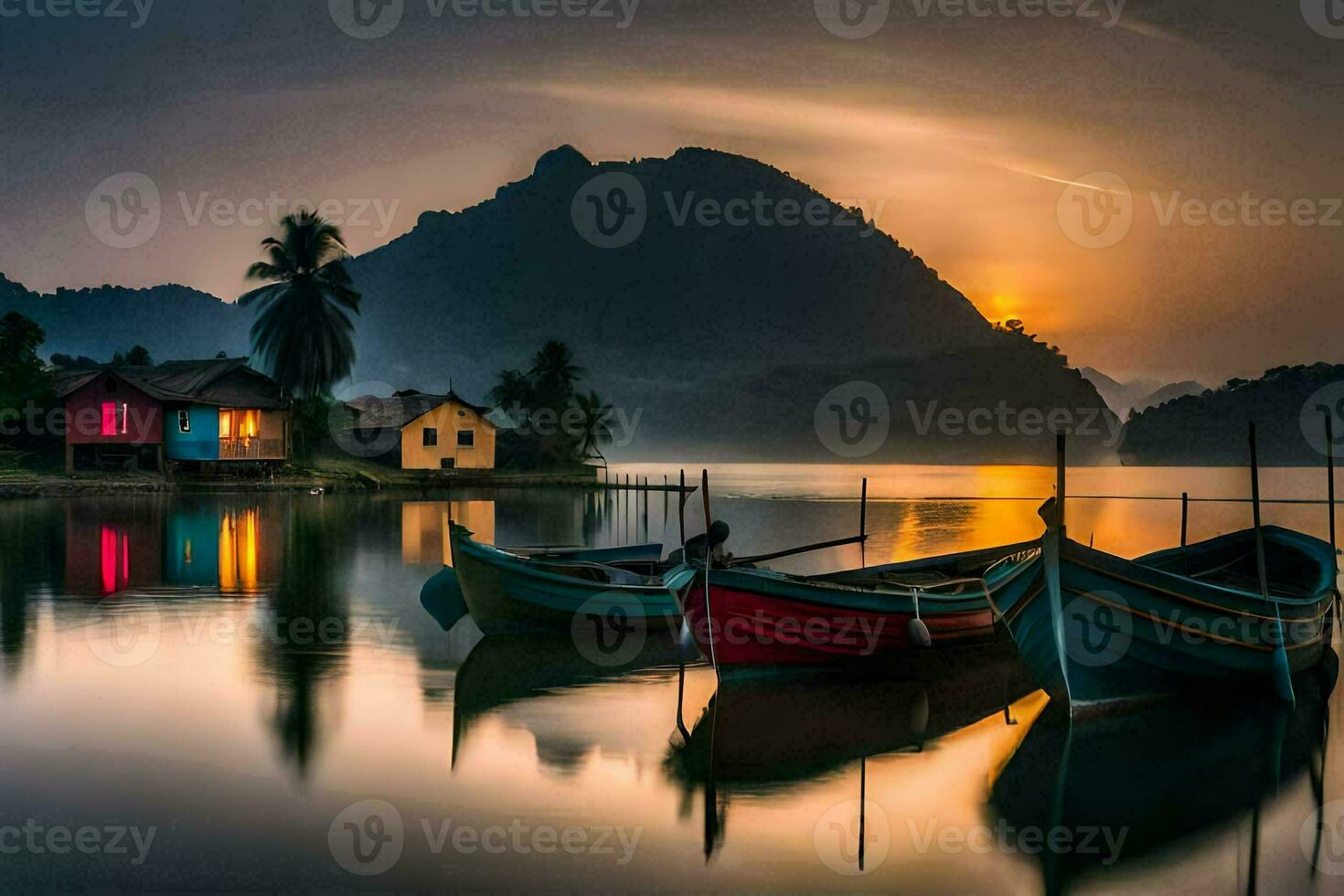bateaux amarré dans le l'eau à le coucher du soleil avec montagnes dans le Contexte. généré par ai photo