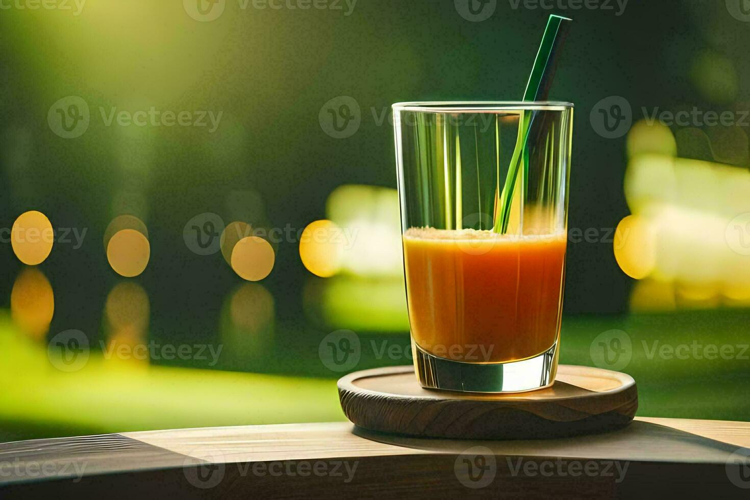 une verre de Orange jus sur une en bois tableau. généré par ai photo