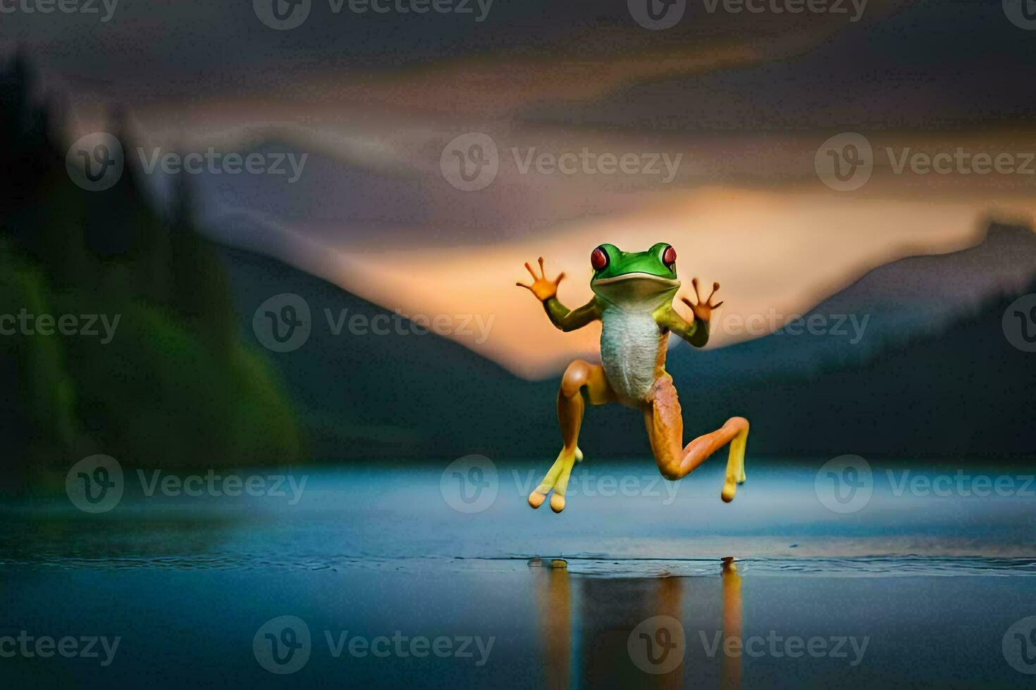 une grenouille sauter dans le air sur une lac. généré par ai photo