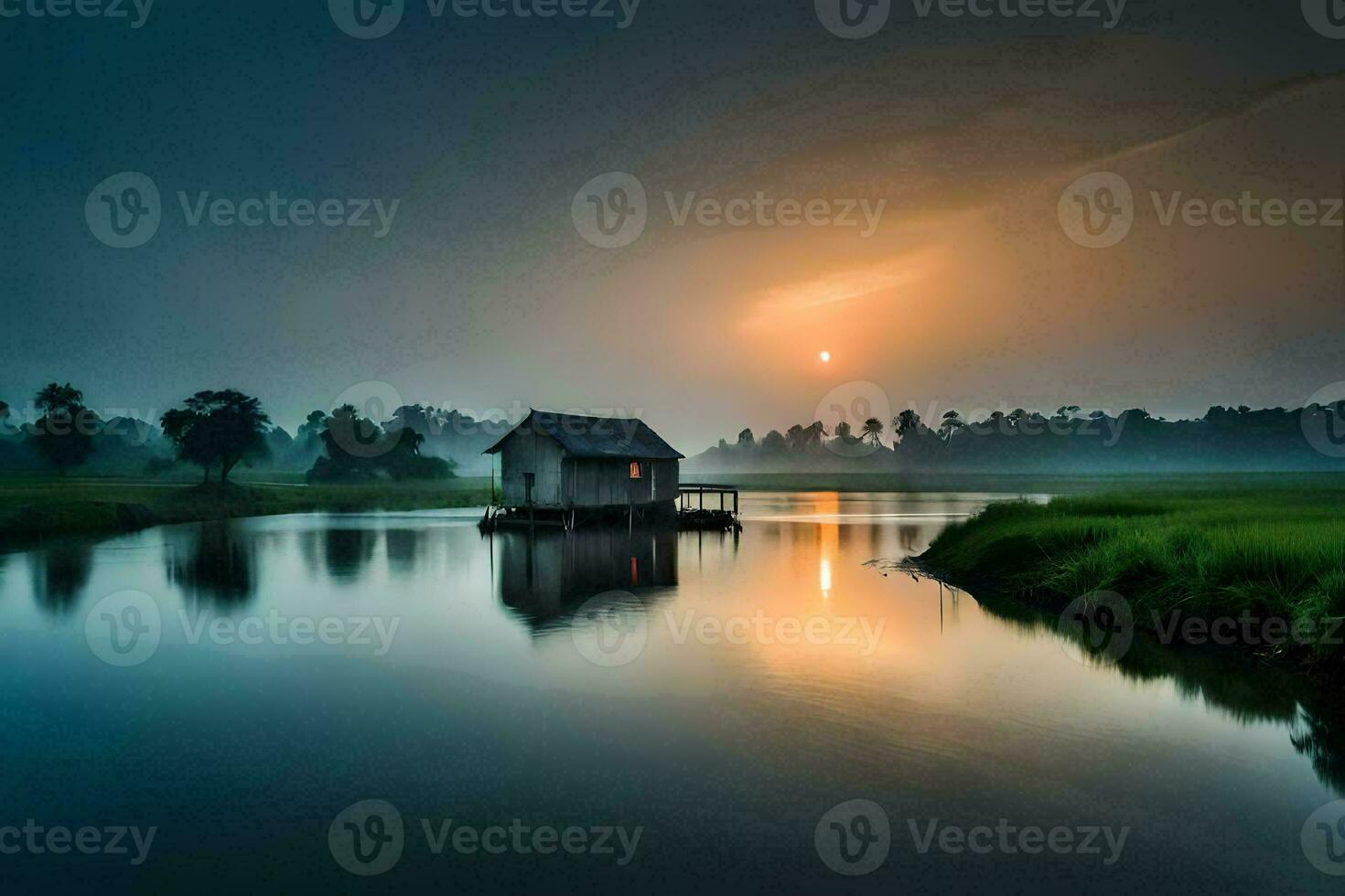 une petit maison est assis sur le bord de une Lac à le coucher du soleil. généré par ai photo