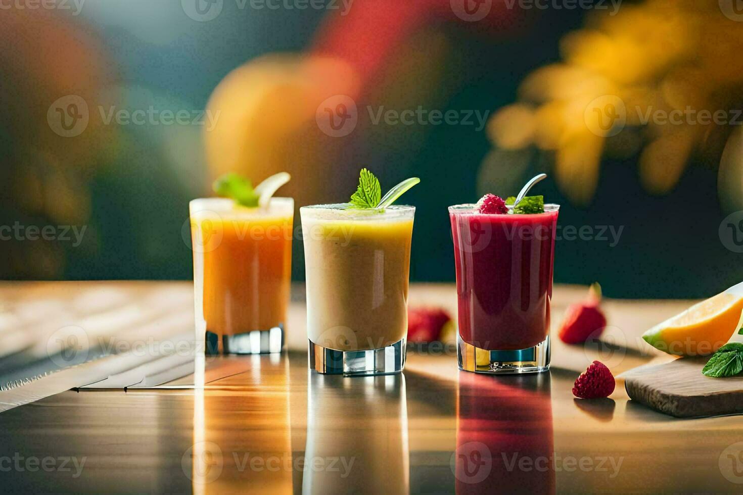 Trois différent les types de smoothies sur une tableau. généré par ai photo