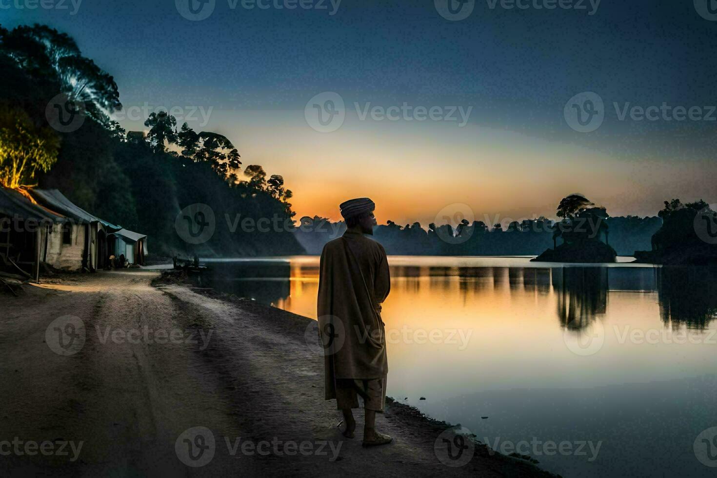 une homme des stands sur le rive de une Lac à le coucher du soleil. généré par ai photo